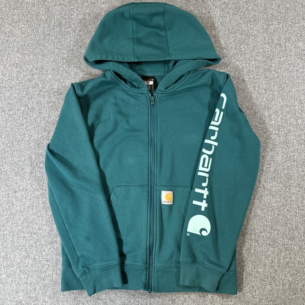 Carhartt Youth Large 12 Zip Hoodie Sweatshirt Teal Green Logo Sleeve Workwear